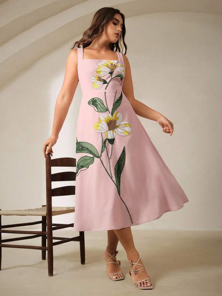 Plus Size Women Luxury Vacation Style Spaghetti Strap Sexy Backless Pearl Flower Pattern Gown, Party Dress