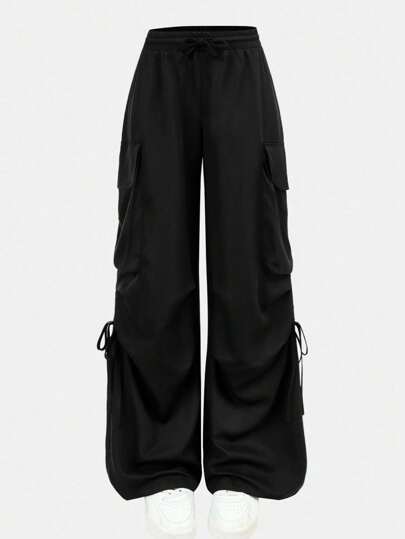 Girlism 青少年女孩黑色梭织纯色街头美式休闲抽绳工装裤，宽松舒适直筒阔腿裤，适合春夏秋季、返校季