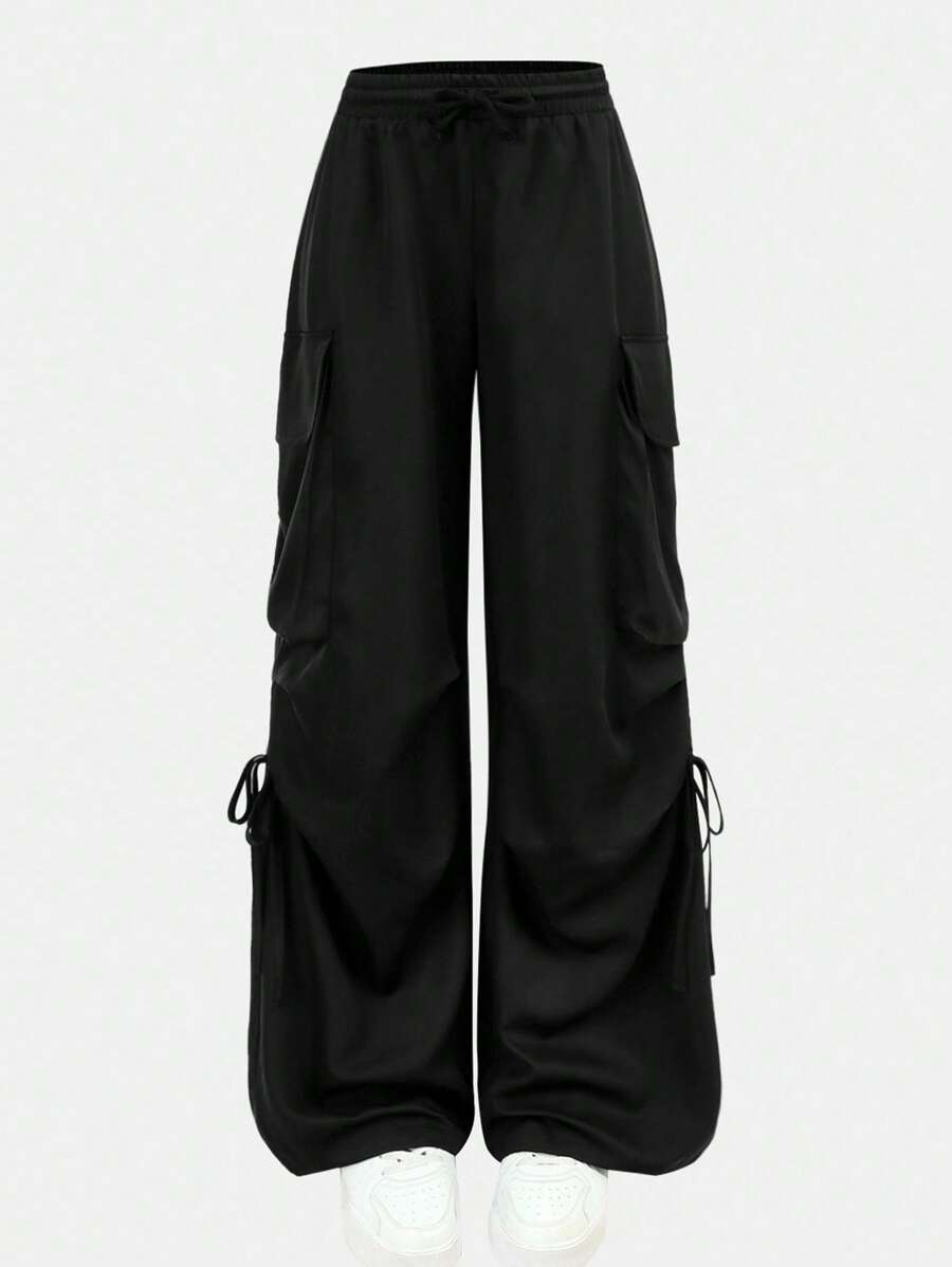 Girlism 青少年女孩黑色梭织纯色街头美式休闲抽绳工装裤，宽松舒适直筒阔腿裤，适合春夏秋季、返校季