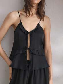 Ocili Satin Camisole Layered Tie Strap Women Sleepwear Top - Black - View 6