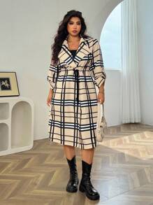 SHEIN EZwear Áo gió dài tay cổ bẻ in họa tiết kẻ caro thời trang thu đông cỡ lớn cho nữ - Nhiều màu - Xem 6