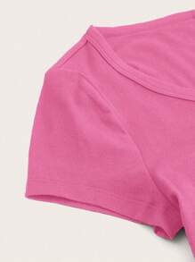 SHEIN EZwear Áo thun nữ cổ tròn tay raglan màu đen ôm sát, màu hồng fuchsia tối giản, phù hợp cho mùa hè - Màu Hồng Tươi - Xem 3