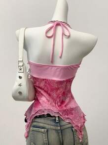 SHEIN EZwear Áo ba lỗ lưới dệt kim in họa tiết cổ điển dành cho nữ - Hồng - Xem 2