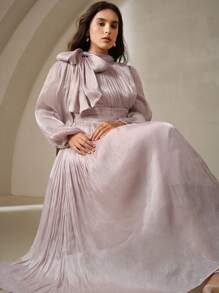 Anewsta 加大码女式长款连衣裙，春秋季腰部荷叶边闪亮优雅百搭 - 中紫紅色 - 查看 1