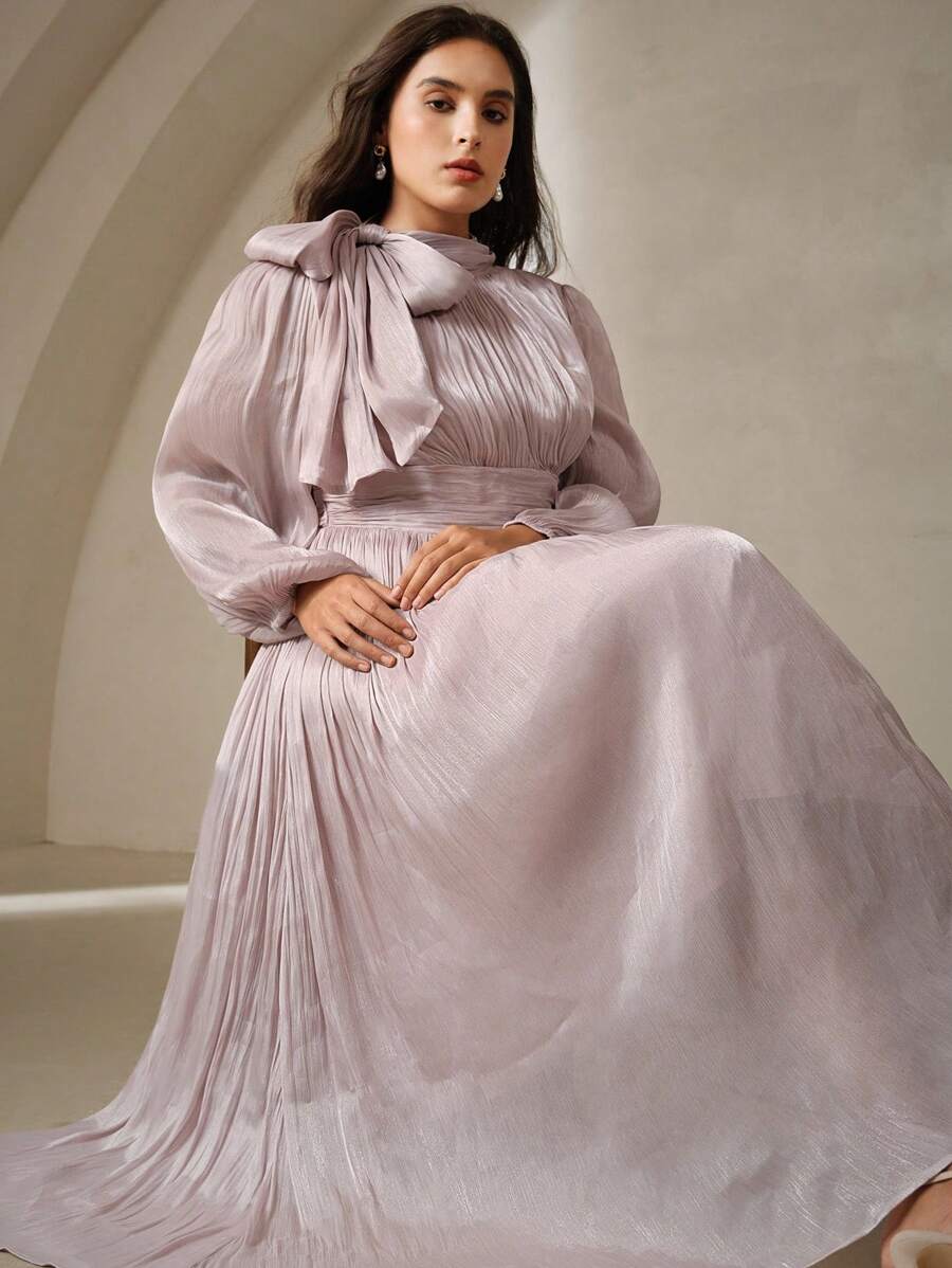 Anewsta 加大码女式长款连衣裙，春秋季腰部荷叶边闪亮优雅百搭 - 中紫紅色 - 查看 1