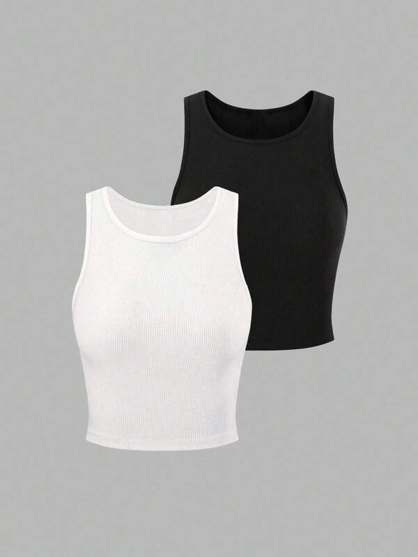 SHEIN 2pcs Plus Size Women Basic Solid Color Ribbed Slim Fit Camisole Top, Casual Summer