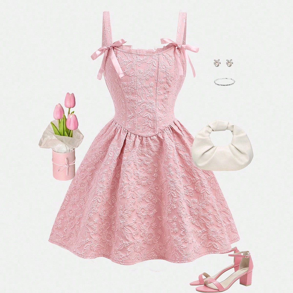Vestido de niña preadolescente elegante de cami de jacquard tejido rosa sólido con lazo, para ocasiones formales, para fiestas y uso diario