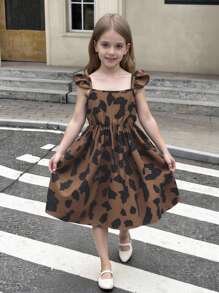 SHEIN Young Girl Loose Casual Sweet Fitted Waist Cap Sleeve A-Line Knee-Length Dress - Multicolor - View 6