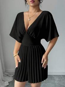 Elenzga 纯色深V领蝙蝠袖褶皱优雅短款女式连体裤