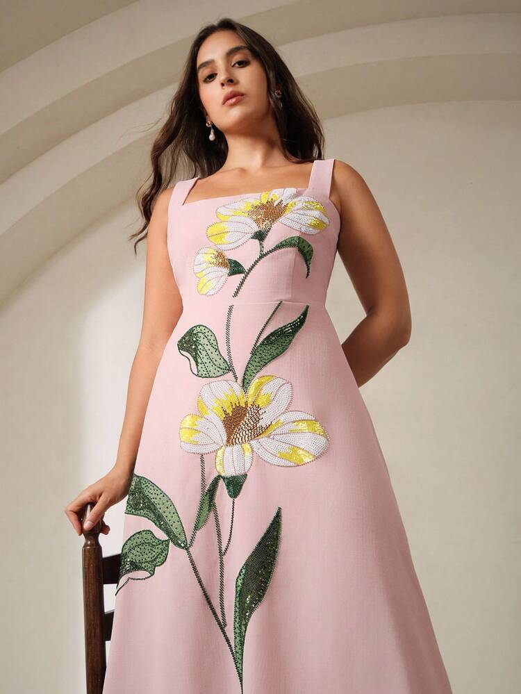 Plus Size Women Luxury Vacation Style Spaghetti Strap Sexy Backless Pearl Flower Pattern Gown, Party Dress