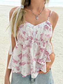 SHEIN Bubbli Women's Vacation Casual Allover Print Spaghetti Strap Camisole Tank Top - White - View 3