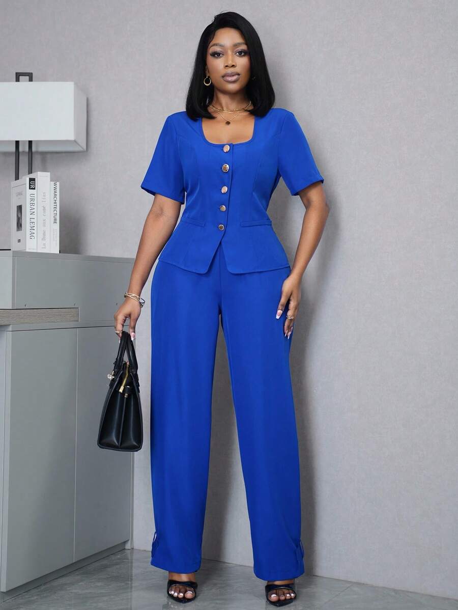 SHEIN Unity 女士纯色简约直筒裤，适合通勤 - 寶藍色 - 查看 1