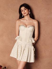 Savoree Fashionable And Elegant Polka Dot Pleated High Waist Bow Mini Skirt For Women, Summer - Apricot - View 7