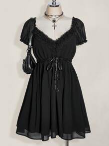 SHEIN ICON Váy chữ A tay bồng cổ chữ V cỡ lớn cạp cao, váy suông gợi cảm cổ điển Y2K, quần áo đi nghỉ hè & trở lại trường - màu đen - Xem 1