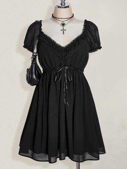 SHEIN ICON Plus Size V-Neck Puff Sleeve Babydoll High Waist A-Line Dress, Y2K Retro Sexy Sundress, Summer Vacation & Back To School Clothes Goth Goth