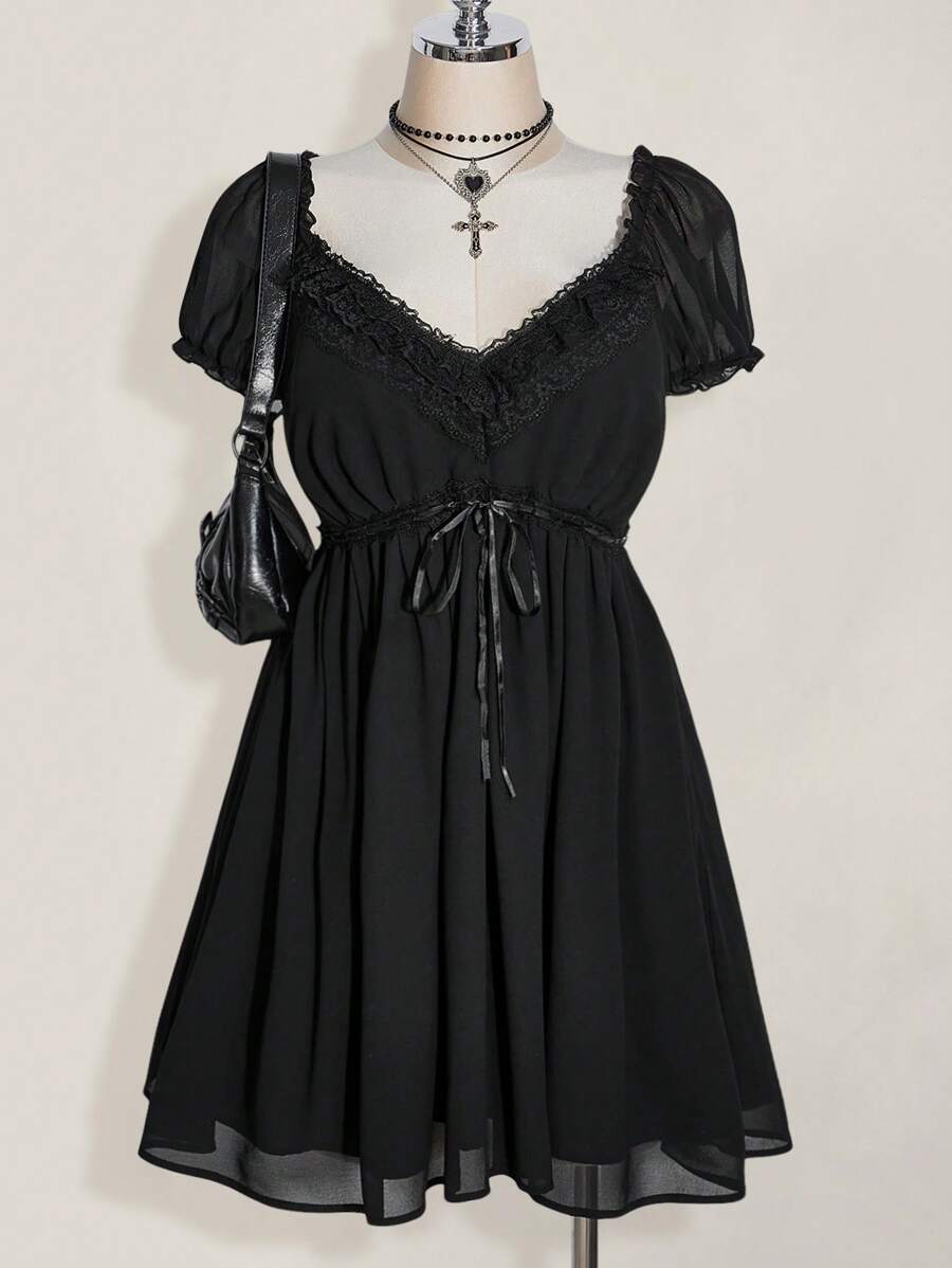 SHEIN ICON Váy chữ A tay bồng cổ chữ V cỡ lớn cạp cao, váy suông gợi cảm cổ điển Y2K, quần áo đi nghỉ hè & trở lại trường - màu đen - Xem 1
