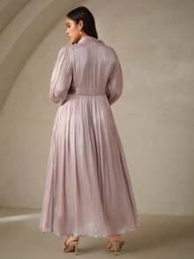 Anewsta 加大码女式长款连衣裙，春秋季腰部荷叶边闪亮优雅百搭 - 中紫紅色 - 查看 2