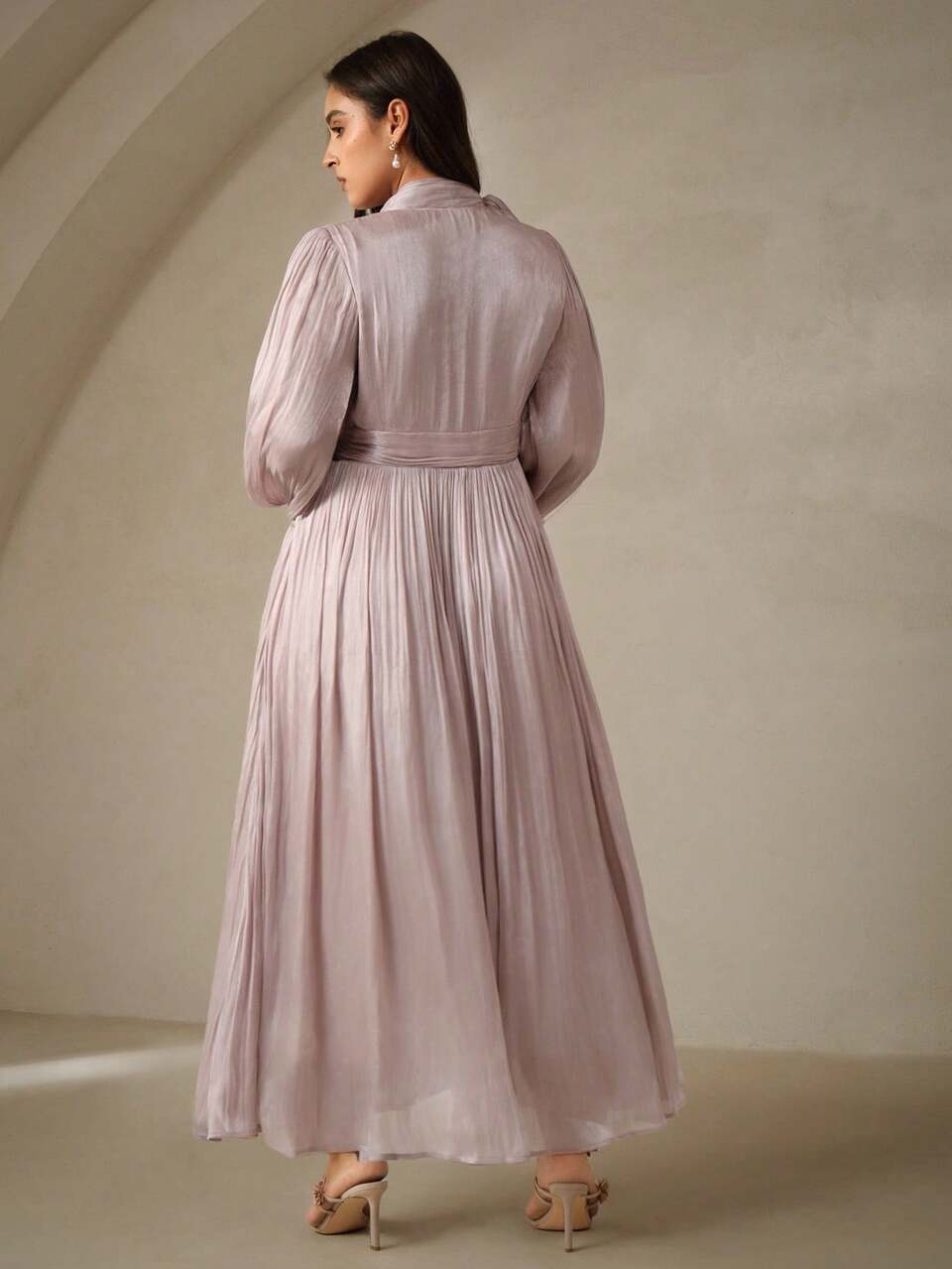 Plus Size Women Long Dress, Spring Autumn Waist Ruffle Shiny Elegant Versatile Fall