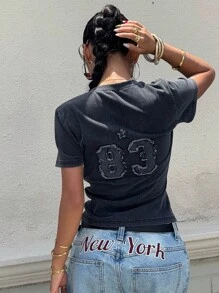 DAZY 女式夏季流苏下摆徽标修身圆领牛仔上衣 - 黑色 - 查看 3