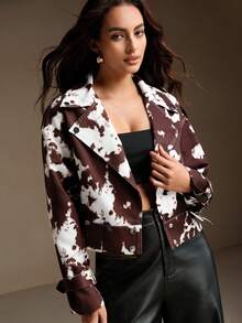 Anewsta Women's Casual Chic Animal Print Camo Short Jacket, Long Sleeve Motorcycle Outerwear For Autumn - Brown - View 5