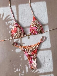 Elavelle Spring Break Women's Random Print Spaghetti Strap Sexy Bikini Swimwear Sets, Summer Outfits - Multicolor - View 4