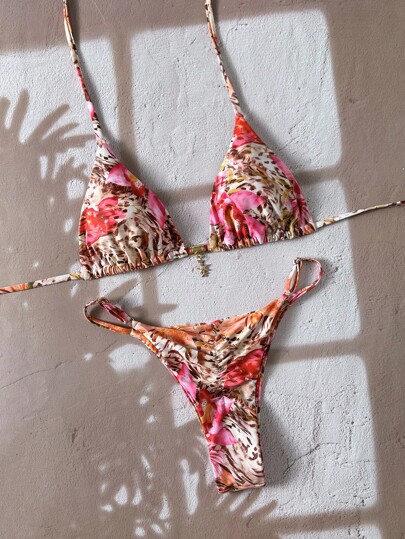 Swim Vcay Spring Break Women's Random Print Spaghetti Strap Sexy Bikini Swimwear Sets, Summer Outfits