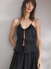 Ocili Satin Camisole Layered Tie Strap Women Sleepwear Top - Black - View 7