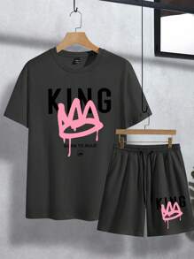 Manfinity Homme 2pcs/Set Men Casual Round Neck Short Sleeve T-Shirt And Shorts Sets