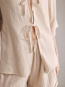 Ocili 女士舒适棉质简约V领系带睡衣、家居服 - 杏色 - 查看 4