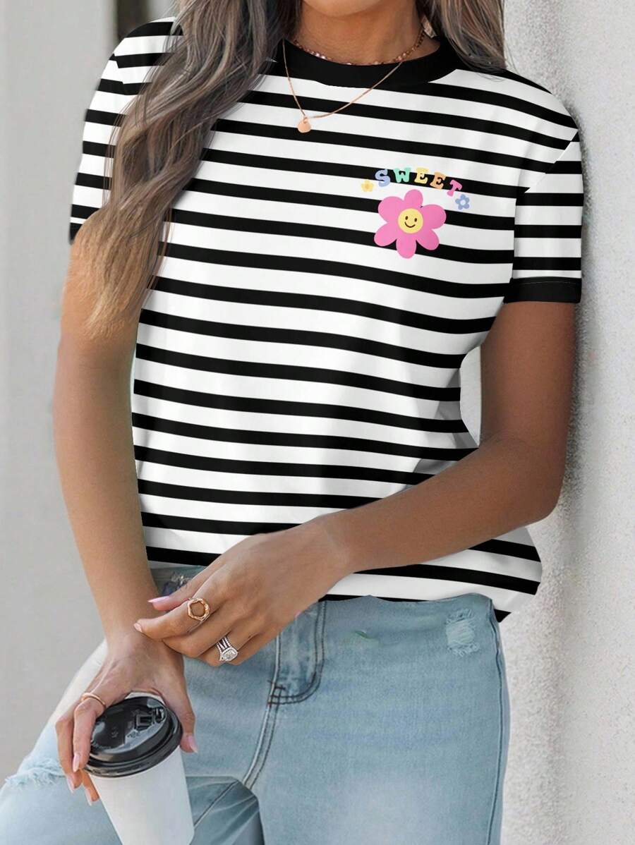 SHEIN EZwear 黑白条纹花卉印花休闲圆领宽松T恤女款,适合夏季 - 彩色 - 查看 1
