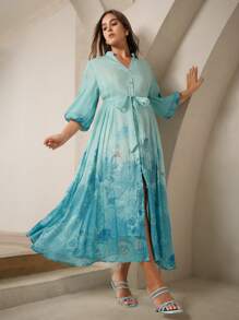 Anewsta 大码女式长款前开式数码印花休闲度假百搭中长连衣裙