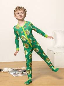 TEENAGE MUTANT NINJA TURTLES | SHEIN 男童卡通图案绿色休闲可爱睡衣连体裤 - 彩色 - 查看 3