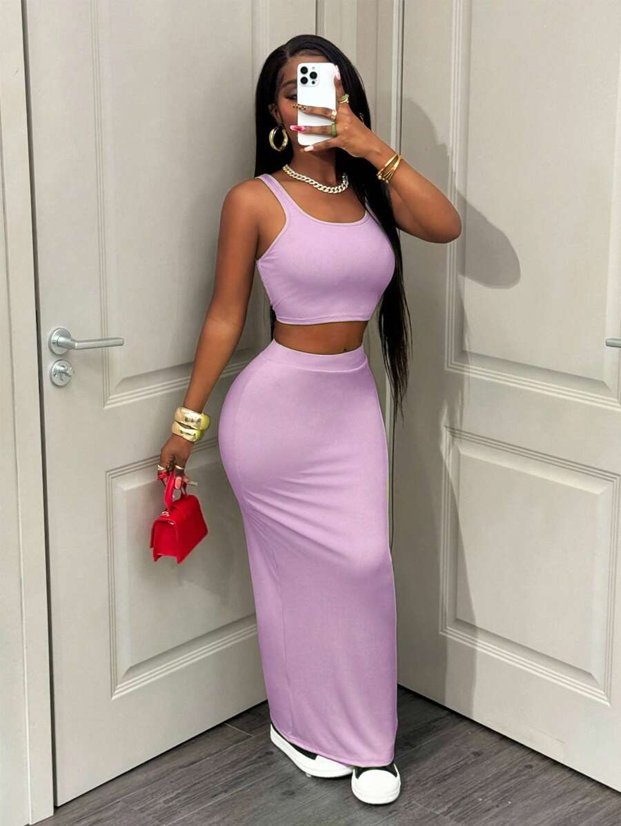 Zolique Solid Crop Tank Top & Pencil Skirt - Mauve Purple - View 1