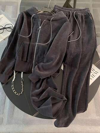 Franclia 2pcs Set Commuter Style Hooded Zipper Sporty Sweatshirt
