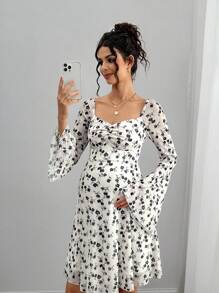 Momance Spandex Mesh Print Flare Sleeve Backless Bowknot Collar Maternity Dress - Multicolor - View 1