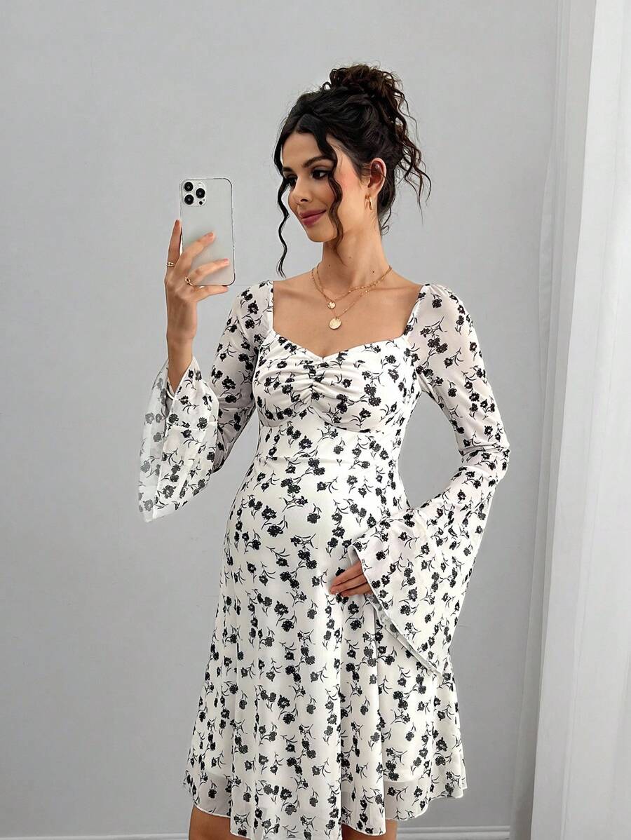 Momance Spandex Mesh Print Flare Sleeve Backless Bowknot Collar Maternity Dress - Multicolor - View 1