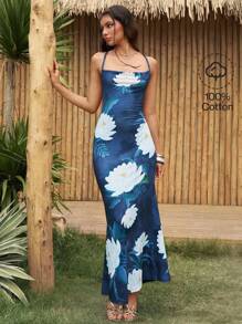 The White Lotus Vacation Lotus Print Draped Open Back Cami Dress For Women