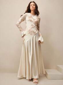 优雅修身圆领长袖女式长裙 - 香檳色 - 查看 4