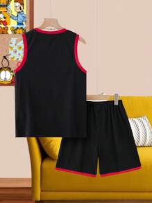 GARFIELD | SHEIN 青少年男孩卡通数字图案拼色休闲运动宽松背心和短裤套装 - 黑色 - 查看 2