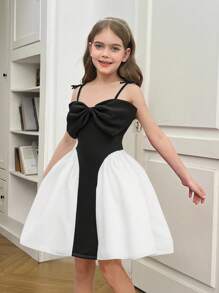 SHEIN Leap Crew Tween Girls' Fashionable Elegant Classic Black Spaghetti Strap Bow Decor Contrast Color Skirt Hem Party Dress - Black and White - View 5