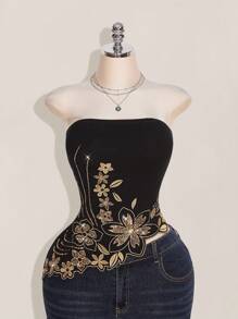 SHEIN ICON Plus Size Y2k Summer Women Going Out Vintage Boho Fashion Vacation Glitter Embroidered Sparkly Sequin Black Asymmetric Hem Embroidered Bandeau Top, Fashion Embroidered Corset Top - Multicolor - View 3