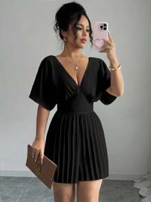 Elenzga 纯色深V领蝙蝠袖褶皱优雅短款女式连体裤