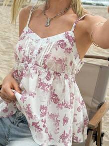 SHEIN Bubbli Women's Vacation Casual Allover Print Spaghetti Strap Camisole Tank Top - White - View 6