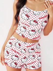 HELLO KITTY AND FRIENDS | SHEIN Women's Camisole Top & Shorts Pajama Set, Cartoon Pattern, Polka Dot Pattern, Cute Y2K, Casual, Home, Summer - Pink - View 3