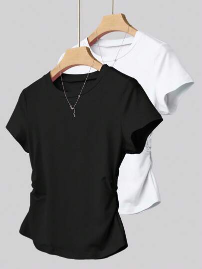 INAWLY Camiseta de manga corta ajustada de un solo color versátil y de uso diario para mujer