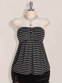 SHEIN ICON 大码 Y2K 节条纹短款抹胸上衣 - 黑與白 - 查看 3