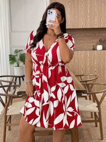SHEIN Clasi Váy midi mùa hè in họa tiết nhuộm loang tay ngắn cỡ lớn - Màu Đỏ Sâu - Xem 5