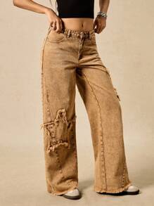Easelle Pantalon à étoile à cinq branches, bord brut, style rétro décontracté pour l'été - Camel - Voir 6
