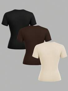 SHEIN EZwear Bộ 3 áo thun dài tay bó sát cổ tròn thường ngày cho nữ màu đen, nâu đậm, màu mơ, thích hợp cho mùa hè - Nhiều màu - Xem 2