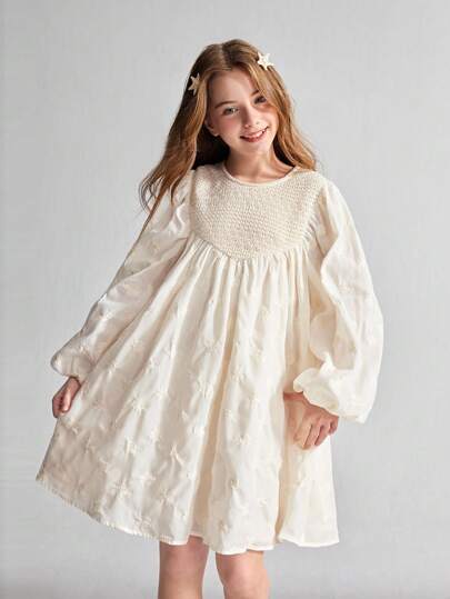 Maija Kids Maija Kids Cute Puff Sleeve Solid Color Knit-Look Embroidered Texture Fabric Casual Dress For Tween Girls, Suitable For Spring/Summer Outings, Vacations, Back To School, Fashion Little Girls Ivory Dress Kids Cream Dress Girls Embroidered Dress Kids Smocked Dress Fall Winter